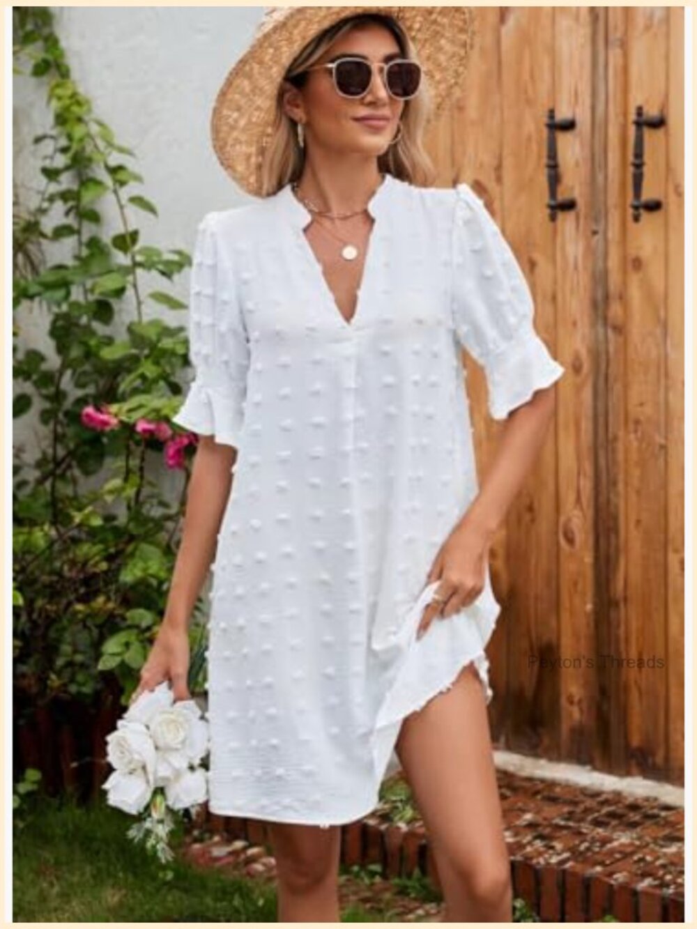 V Neck Ruffle Short Sleeve Shift Dress - Women's Casual Summer Mini Dress - Picture 5 of 7